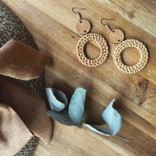 Wood And Rattan Circle Dangle Earrings
