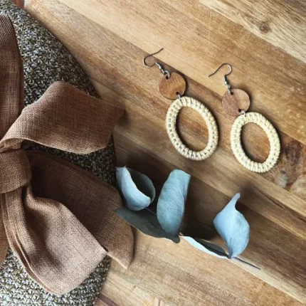 Wood And Rattan Oval Dangle Earrings