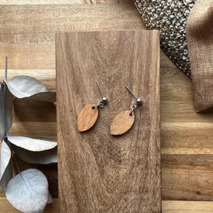 Wooden Leaf Shape Dangles Earrings- Brown
