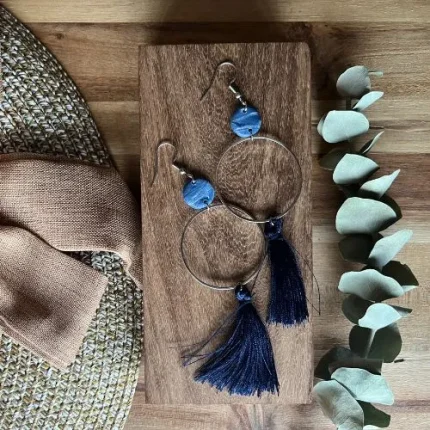 Long Blue Marble Dangles With Tassels Long Blue Marble Dangles With Tassels